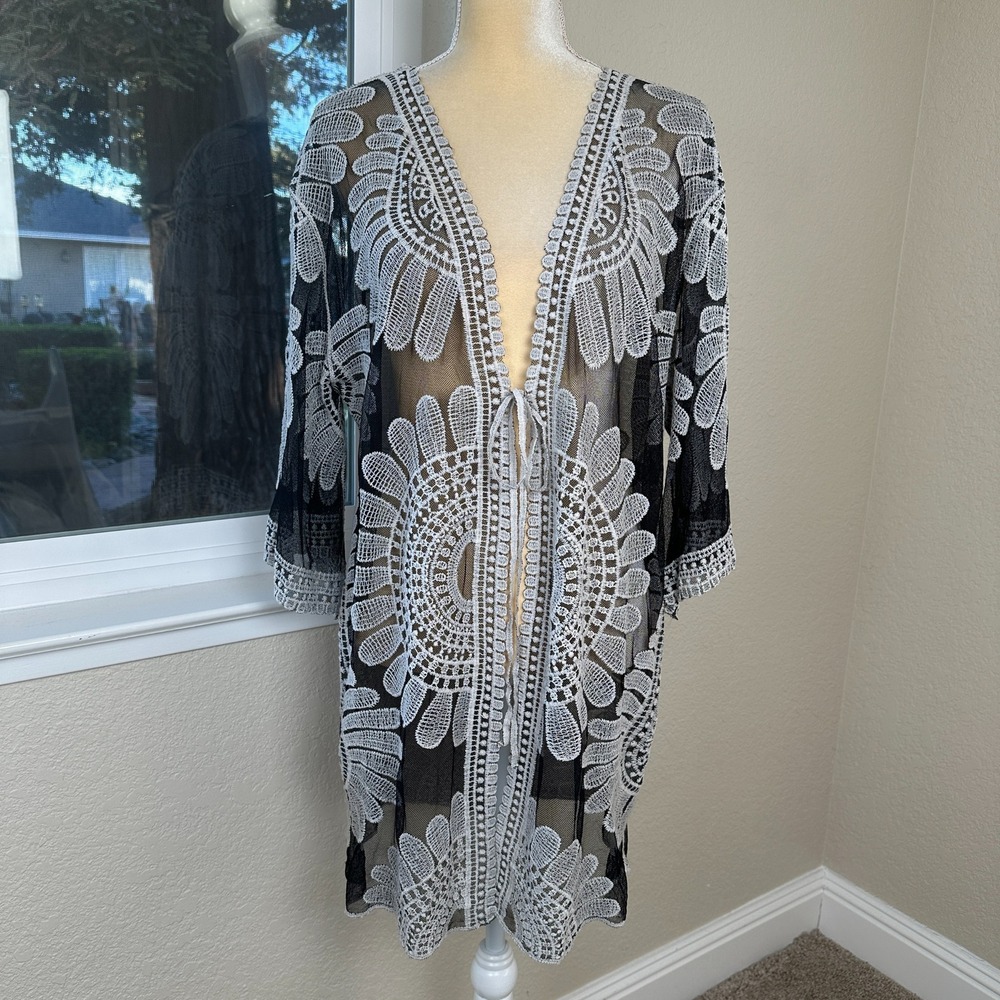 CHOA Black White Lace Floral Crochet Kimono‎ Cardigan Duster Cover Up One Size